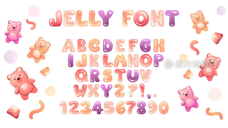 Jelly alphabet with cute Ñolorful bears, worms, marmalade, letters, signs and numbers. Jelly font in hand-drawn cartoon style. Vector illustration for your design